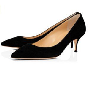 FSJ Black Suede Kitten Heels Pointy Toe Pump